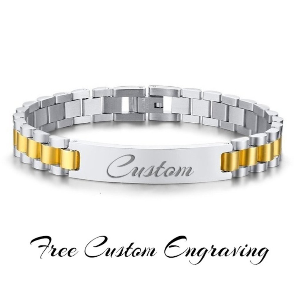 Mens gold plated high polished stainless steel custom bracelet.